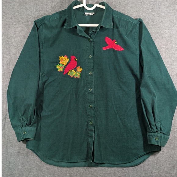 BonWorth Tops - Bonworth Womens Corduroy Long Sleeve Shirt Green Embroidered Cardinals Size XL